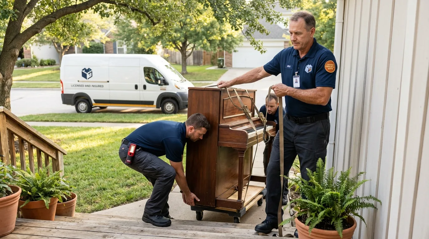 Licensed piano movers securing grand piano in China, TX